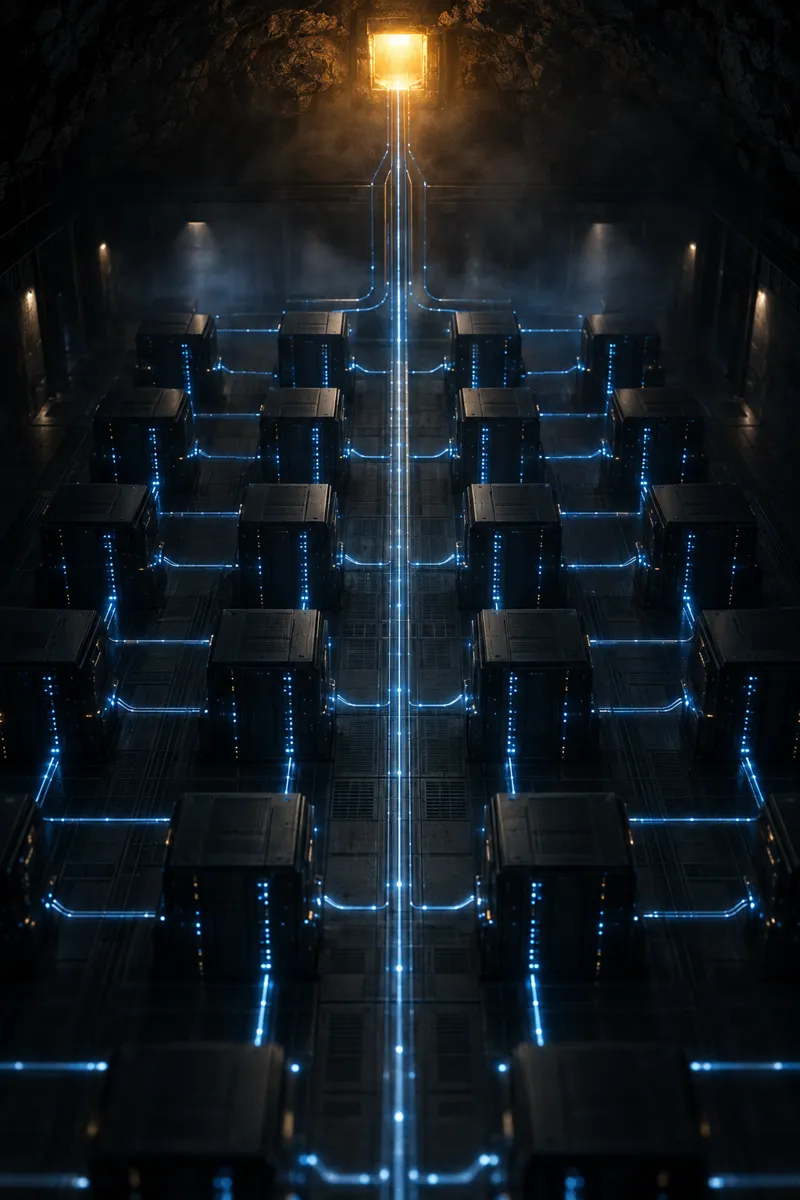 An atmospheric illustration of a connected digital world behind a single entrance.