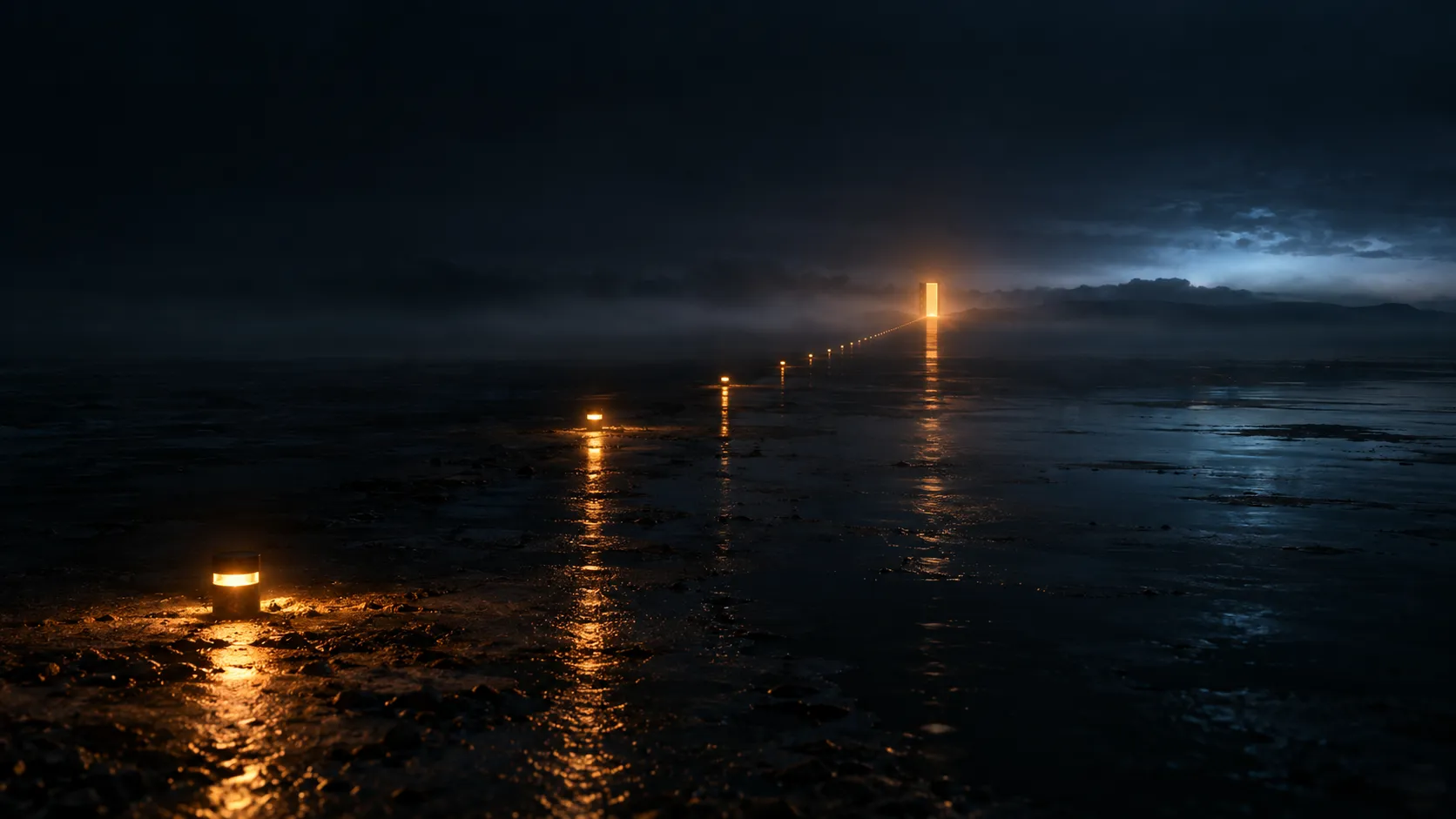 A path of small amber lights crossing a dark plain toward a distant glow on the horizon.
