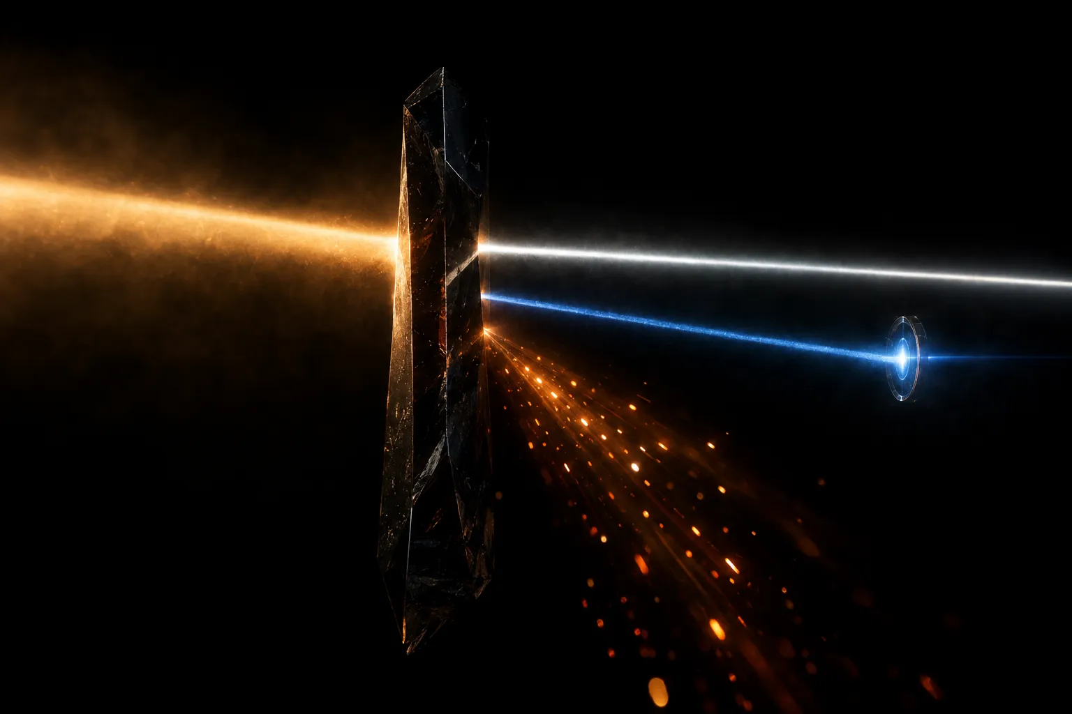 A dark crystal gate splitting incoming light: warm light passes, scattered sparks fall away, and a blue beam continues through a ring.